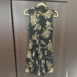 MSK Sleeveless Mock Neck Black Gold Foil Mesh Tiered Hem A-Line Fully Lined